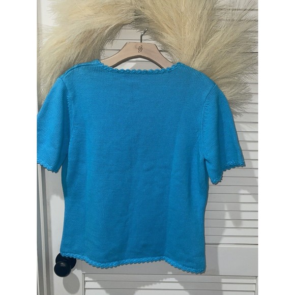 MONTEREY BAY CLOTHING CO. BLUE CROTCHET SUNFLOWER SHORT SLEEVE SWEATER VINTAGE L - Picture 4 of 8